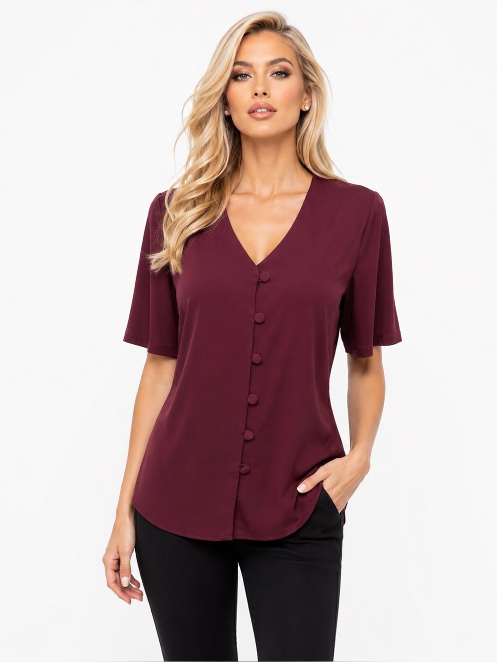 BICE Burgundy Button Front Blouse Womens Size 10 Short Sleeve Career Top